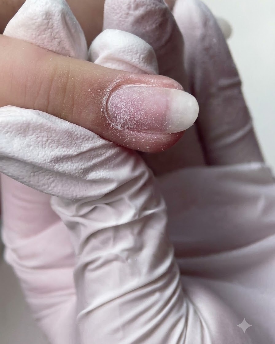 Nahaufnahme einer Nageldesignerin, die einen umgekehrten Kegelbit verwendet, um den Nagelhautbereich zu reinigen.