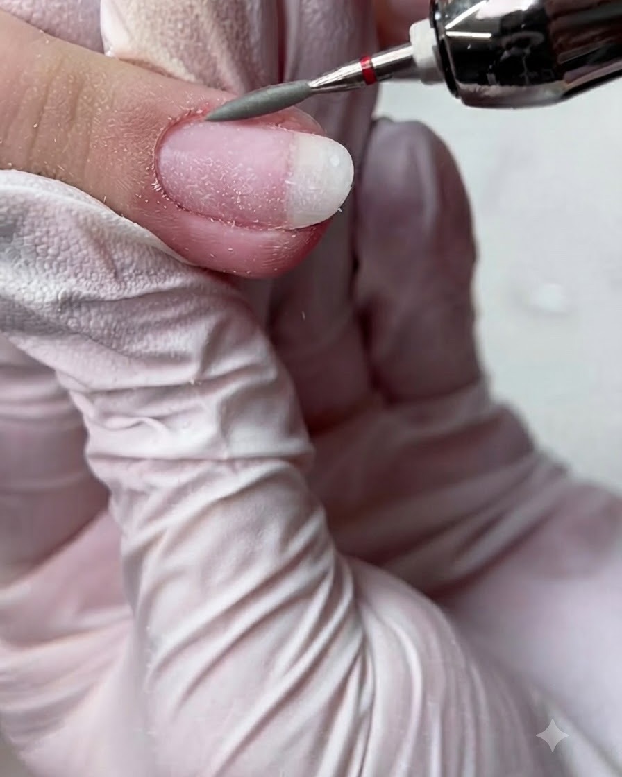 Ein langer Konusbit reinigt die seitlichen Nagelränder und Ränder eines vorbereiteten Fingers.