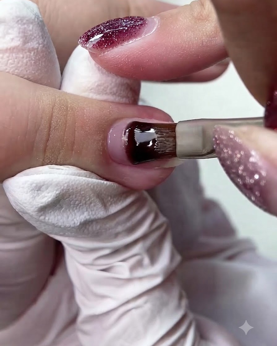 Ein Gelpinsel trägt Tricolor Fish Base-Haftgel gleichmäßig auf die vorbereitete Nagelplatte auf.