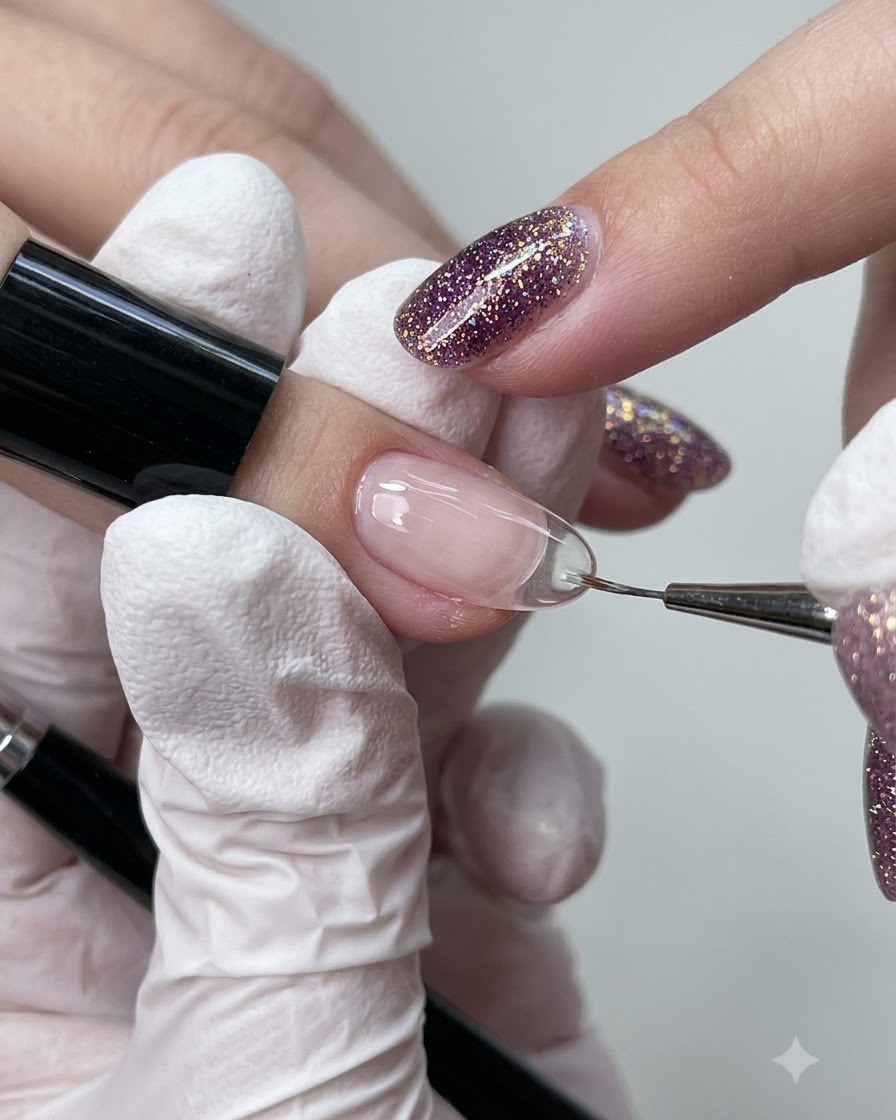 Ein feiner Liner-Pinsel glättet und perfktioniert die Kanten einer Builder-Gel-Schicht auf einem Fingernagel.