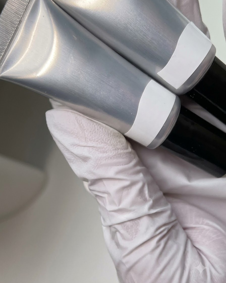 Tricolor Fish Soft-Tube-Produkte werden in behandschuhten Händen bereit für die Anwendung gehalten.