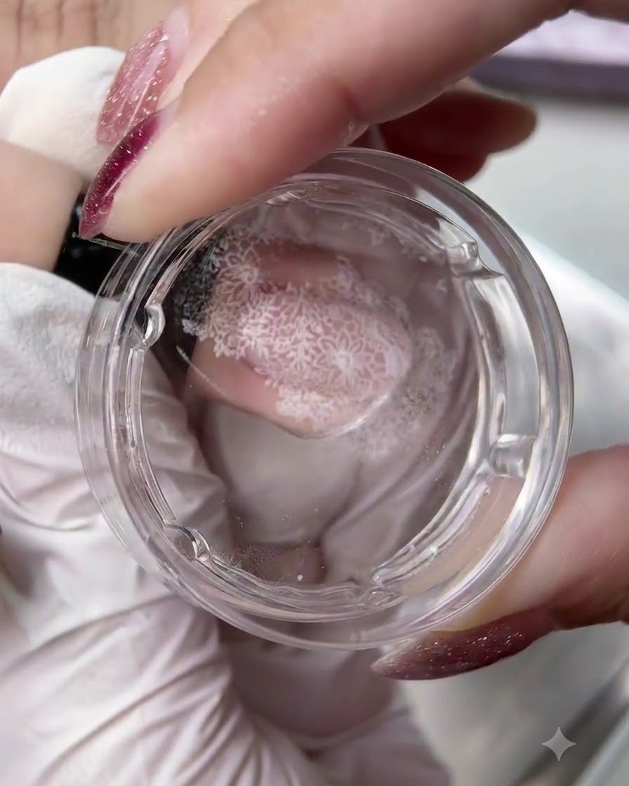 Ein klarer Jelly-Stamper hält ein übertragenes weißes florales Spitzenmuster über einem Nagel.
