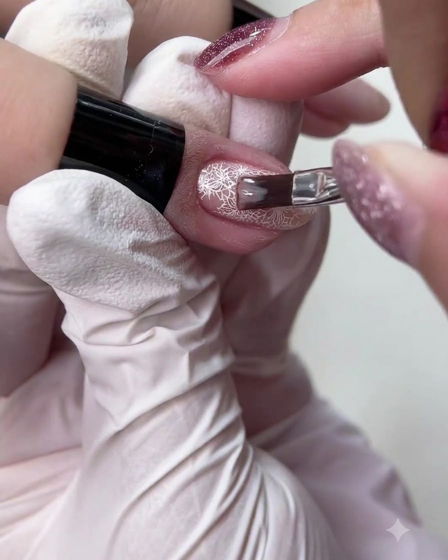 Ein kleiner Nagelpinsel trägt einen transluzenten Nude-Gellack über ein detailliertes weißes Spitzen-Nail-Art-Design auf.