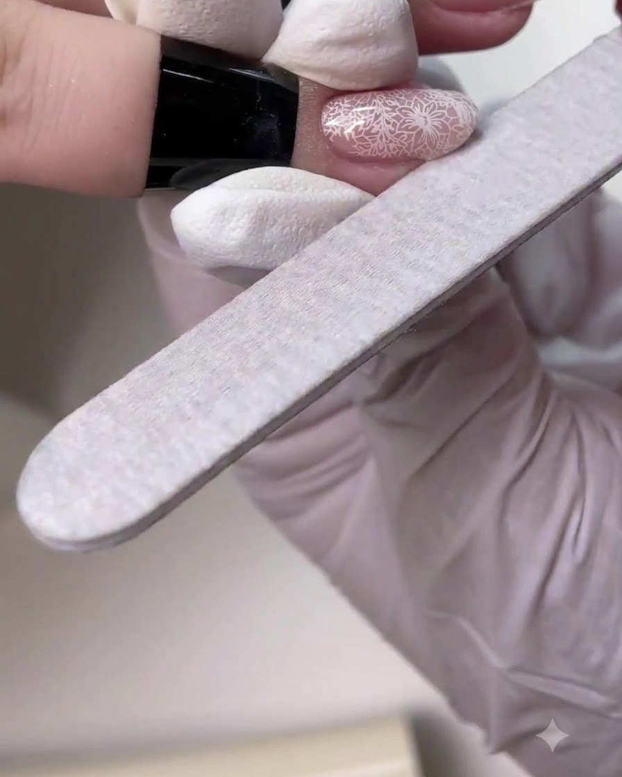 Eine Hand feilt und verfeinert mit einer Nagelfeile die Form eines fertigen, manikierten Nagels.
