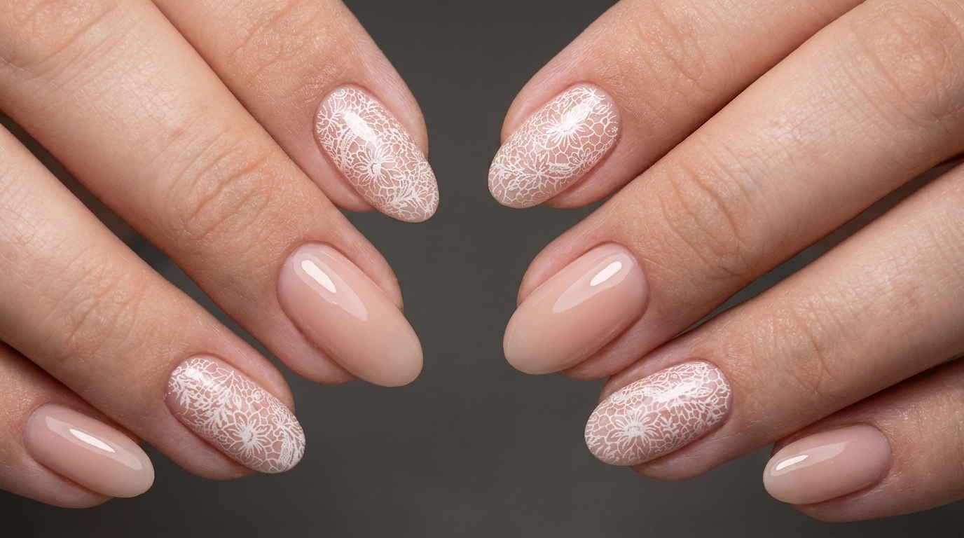Nude und weiße Spitzen-Stamping-Gel-Nägel — Elegante Schritt-für-Schritt-Anleitung