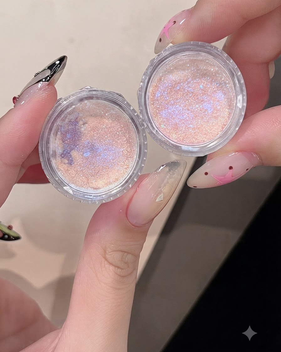 Zwei kleine Dosen mit schimmerndem Aurora-Nagelpuder nebeneinander geöffnet.