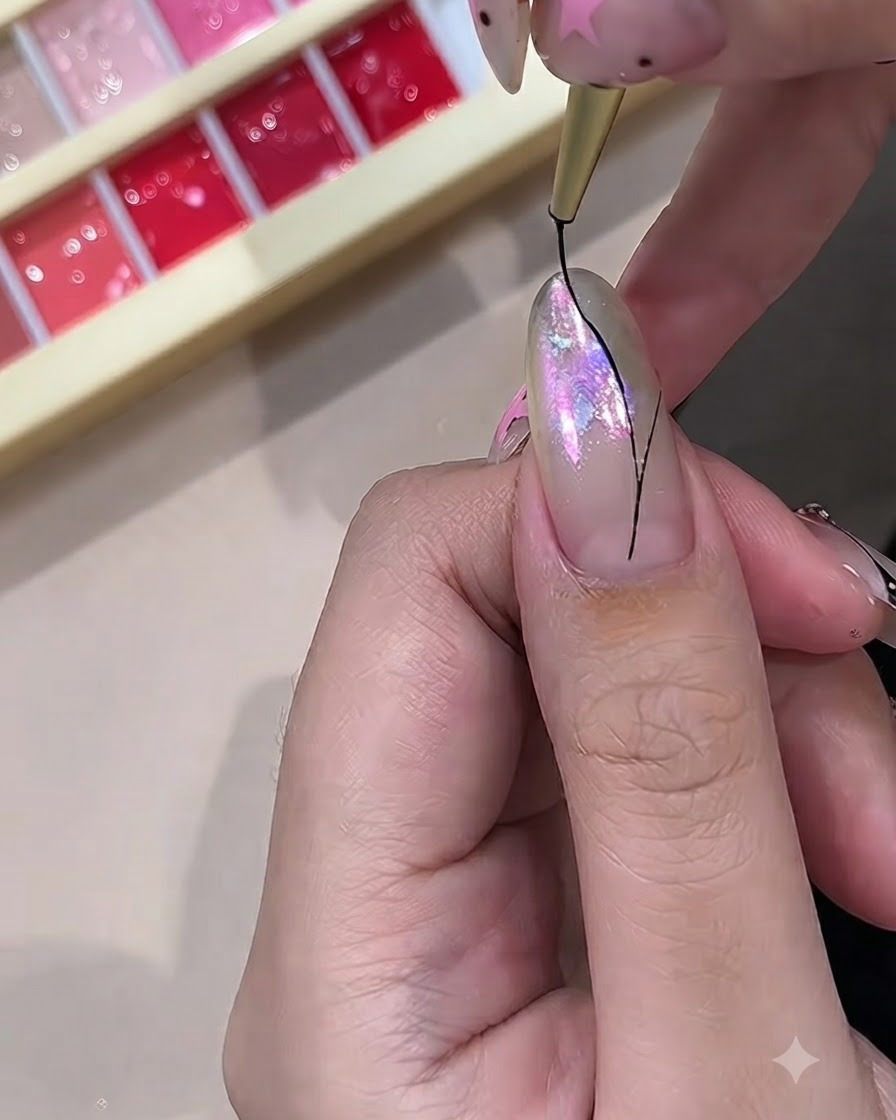 Nahaufnahme eines feinen Nail-Art-Pinsels, der dünne schwarze Linien auf einen irisierenden Nagel zeichnet, um ein Schmetterlingsdesign zu beginnen.
