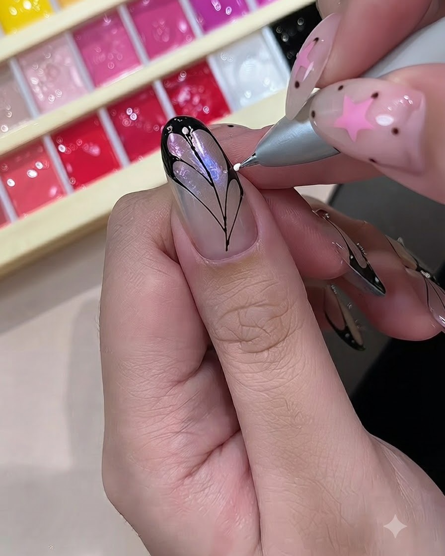 Ein Dotting Tool setzt kleine weiße Punkte auf die schwarzen Ränder eines bemalten Schmetterlingsflügel-Nageldesigns.