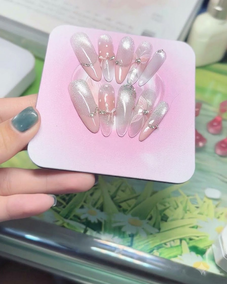 Nahaufnahme eines rosa Press-On-Nagelsets, verziert mit 3D-Kristallschleifen und silbernen Strassketten unter weichem Studiolicht.