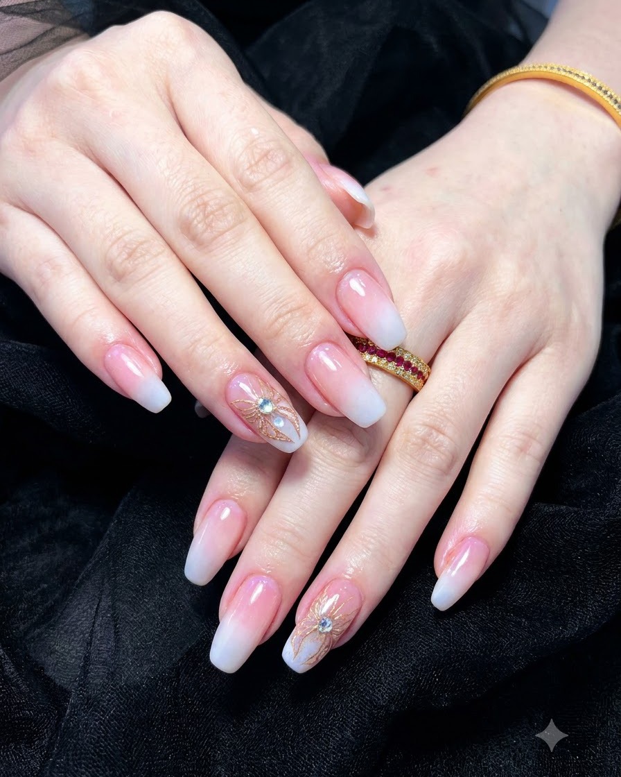 Auftragen von milchweißem Gel-Nagellack auf die Nagelspitzen mit einem feinen Pinsel.