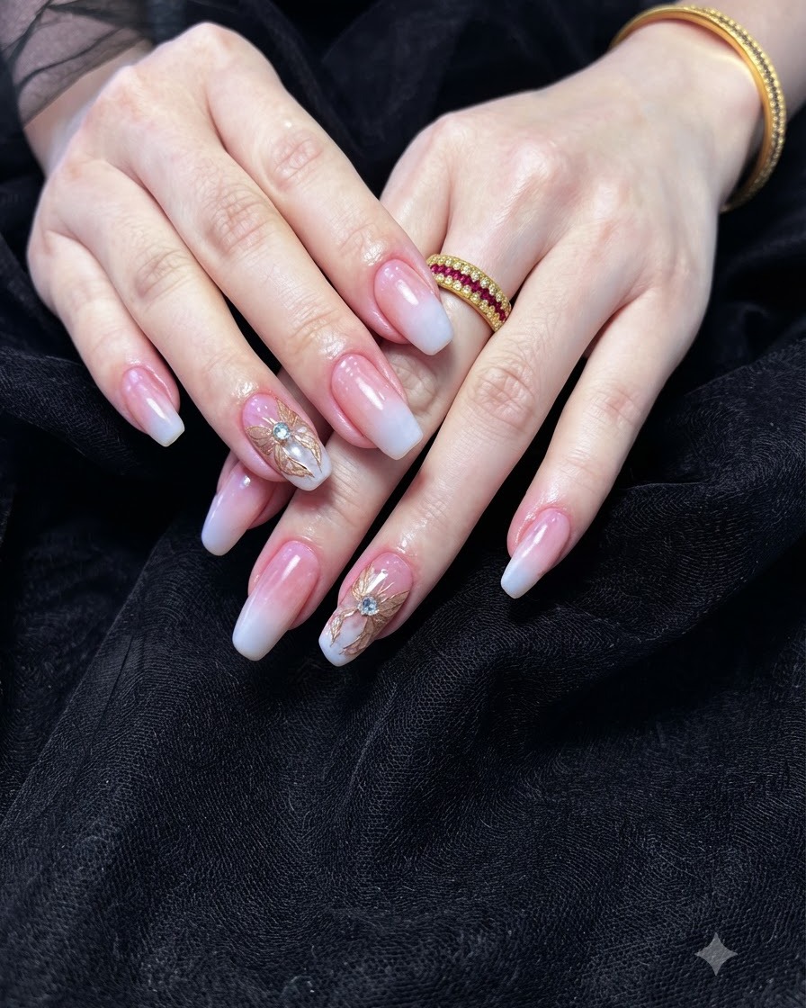 Nahaufnahme einer zweiten Schicht milchweißen Gels, die aufgetragen wird, um die Ombré-Spitzen zu intensivieren.