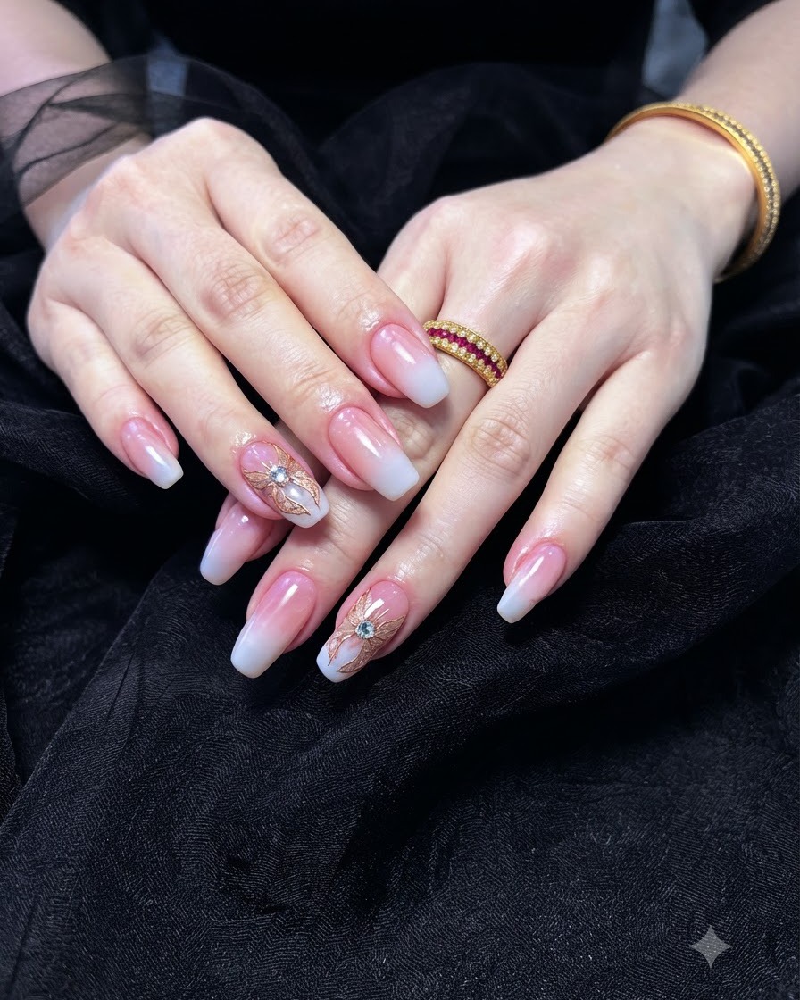 Zwei Hände liegen in einer professionellen UV-Nagellampe, um die Gel-Verzierungen auszuhärten.