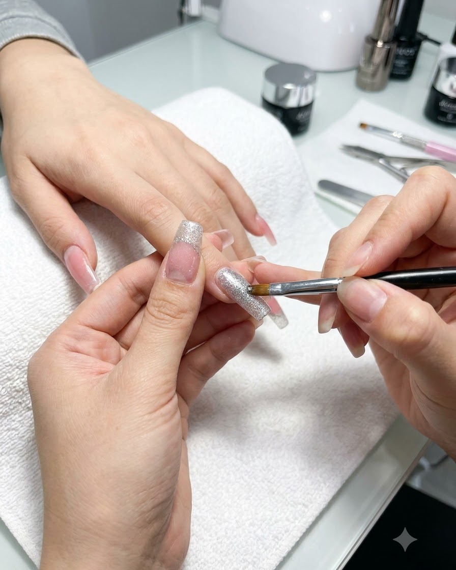 Ein Pinsel trägt eine dichte Schicht Silberglitter direkt auf die freie Kante eines manikürten Nagels auf.