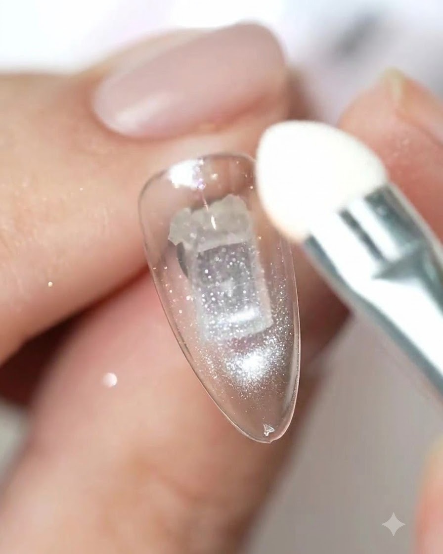 Ein Lidschatten-Schwammapplikator poliert Chrompuder auf die Oberfläche eines manikürten Nagels.