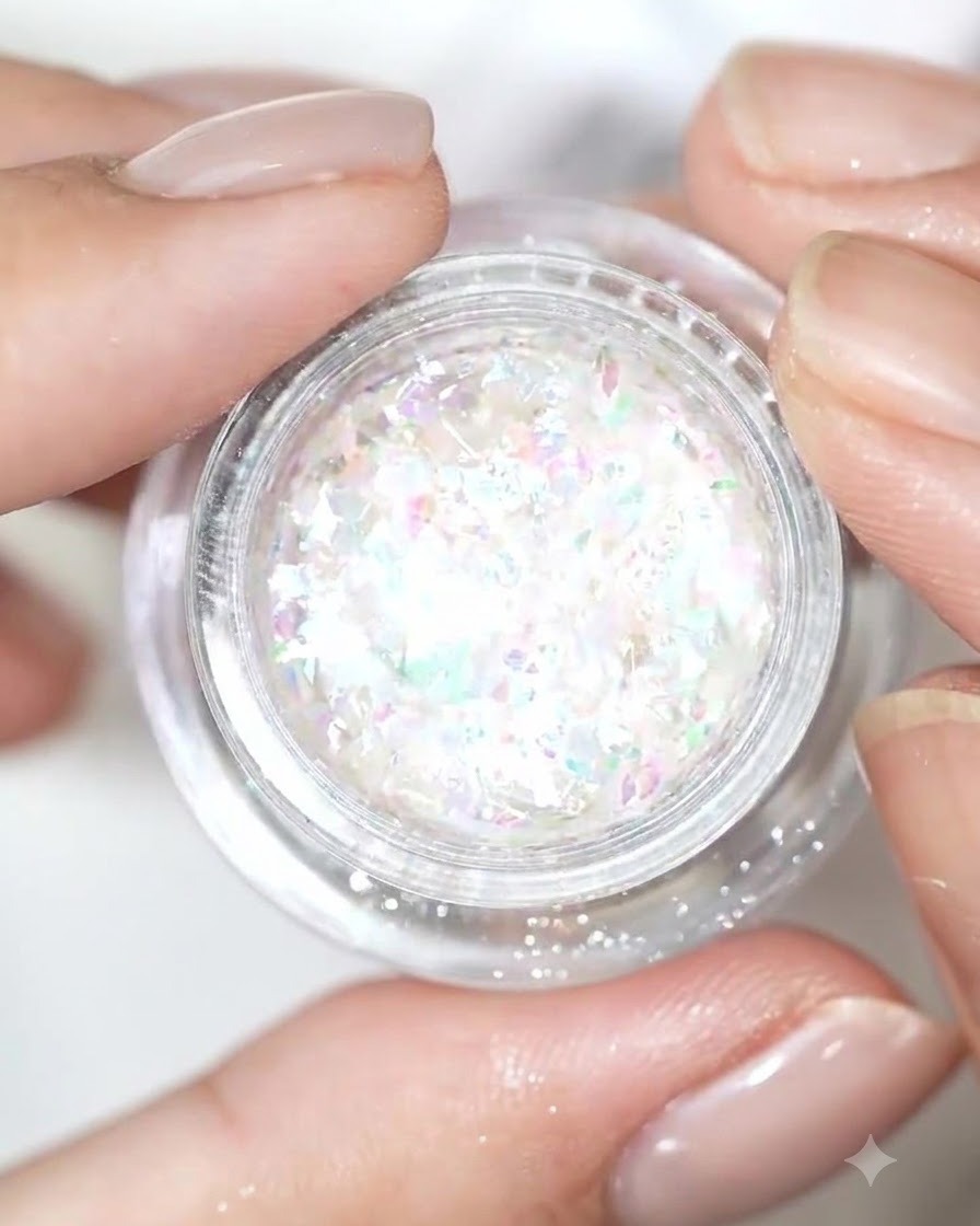 Ein offenes kleines Gefäß, gefüllt mit irisierendem weißem und pastellfarbenem Flocken-Glitzerpuder.