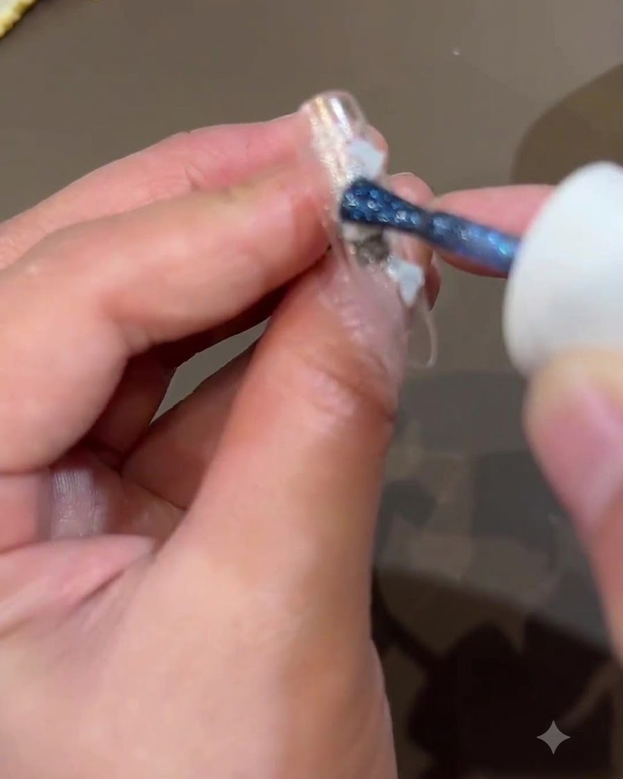 Ein Pinsel trägt dunkelblauen Schimmer auf die Nageloberfläche auf, um dem Design Tiefe zu verleihen.