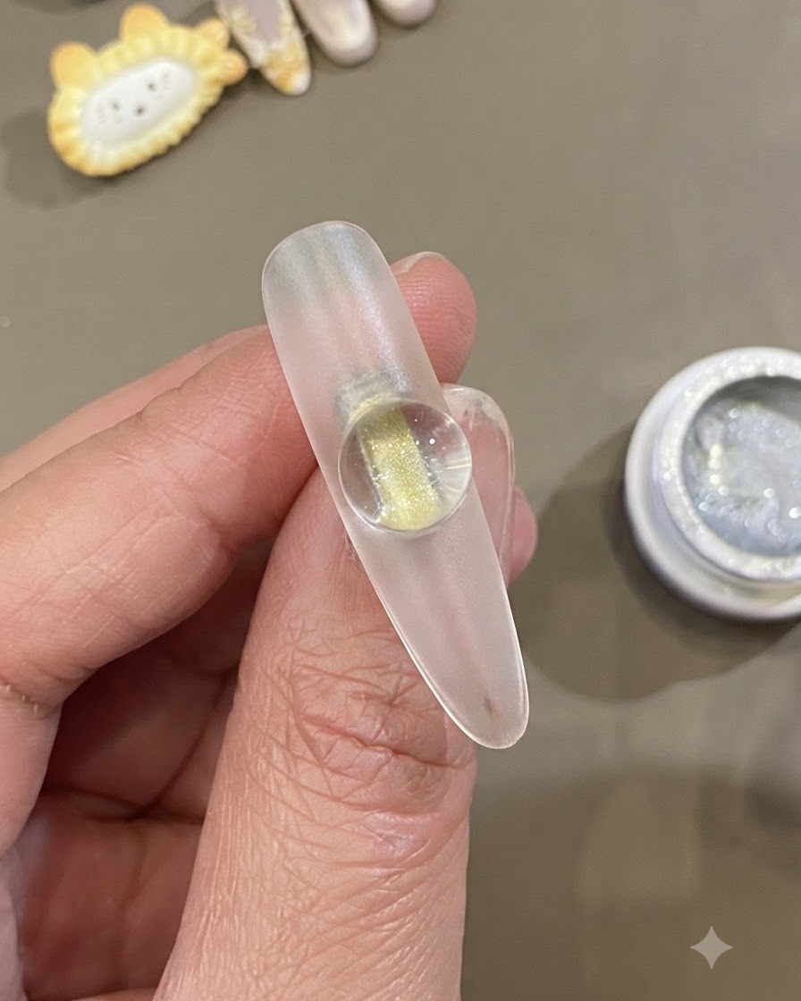 Eine Makroaufnahme einer Nagelspitze, die einen perfekt runden, hellen Glaskugel-Cat-Eye-Effekt in der Mitte des Nagels zeigt.