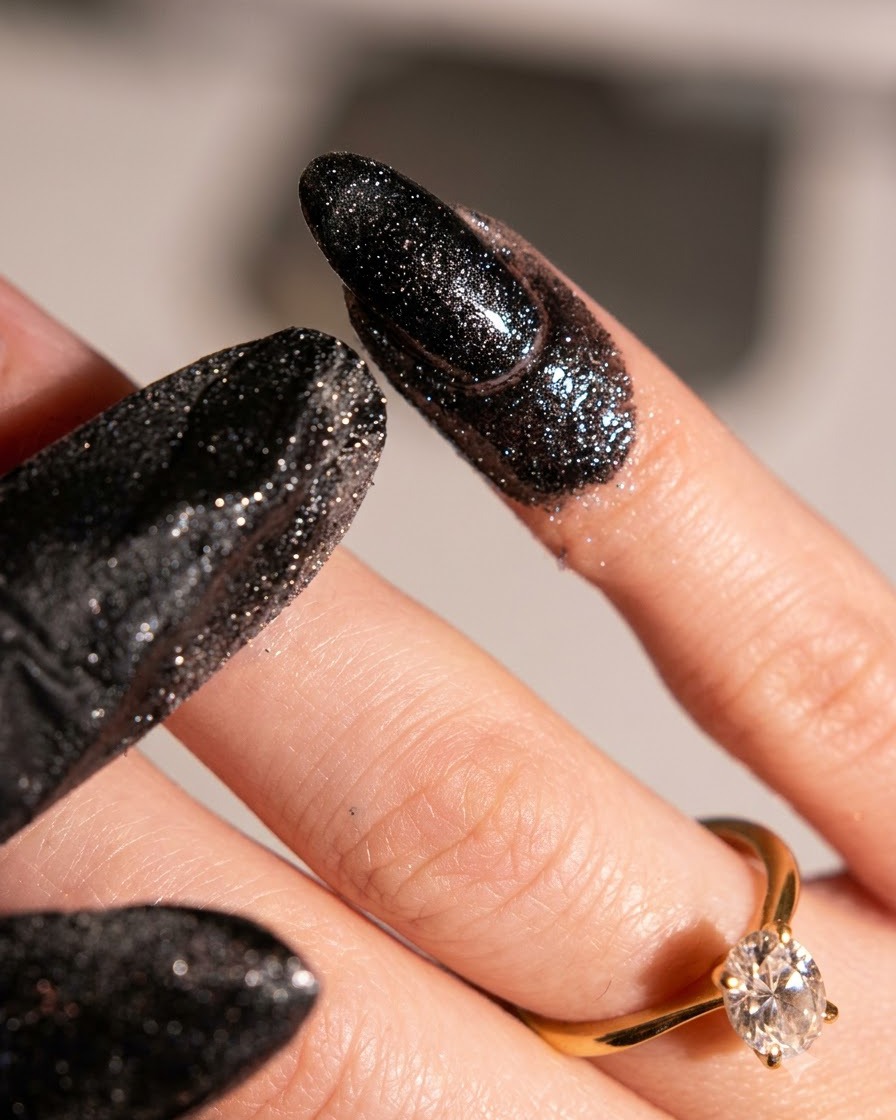 Nahaufnahme von Fingern, die eine detaillierte Säuberung der Nagelhaut und der Hautlinien in der Nähe der lackierten Nägel zeigen.