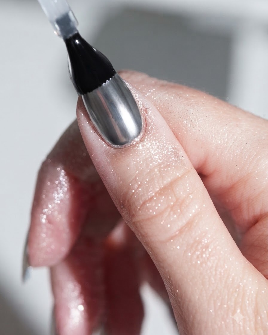 Nahaufnahme eines Pinsels, der einen klaren, glänzenden Gel-Top Coat über einen metallischen Silber-Chrom-Nagel aufträgt.