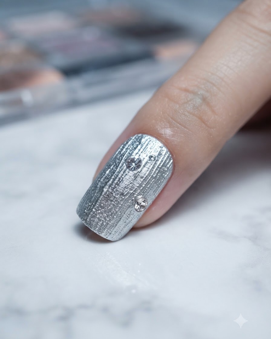 Nahaufnahme eines Nagels mit drei präzise auf der silbernen Oberfläche positionierten runden Strasssteinen.