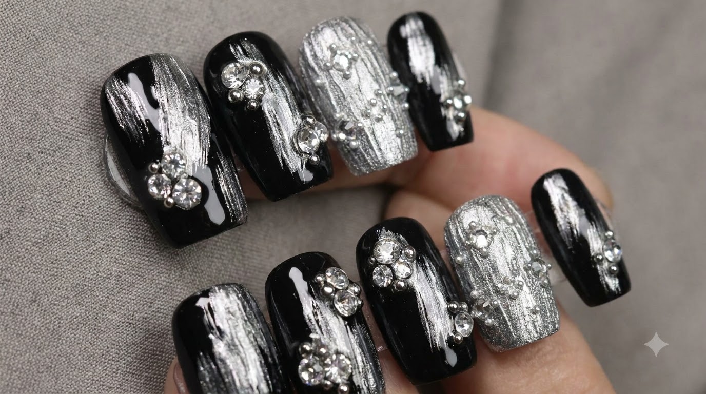 Schwarze Metallic-Nagelkunst mit Silbertextur und Edelstein-Verzierung