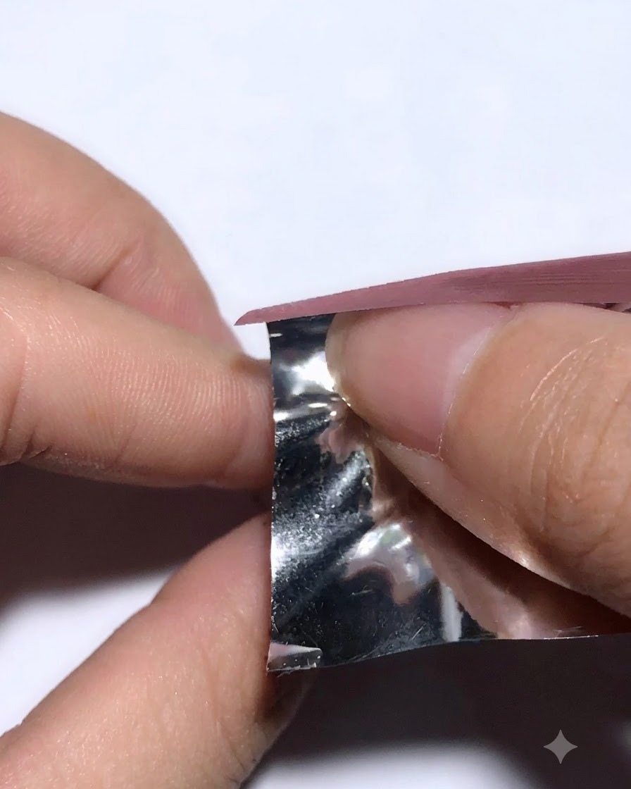 Folie wird von einem Finger abgehoben, um die übertragenen Texturen zu zeigen.