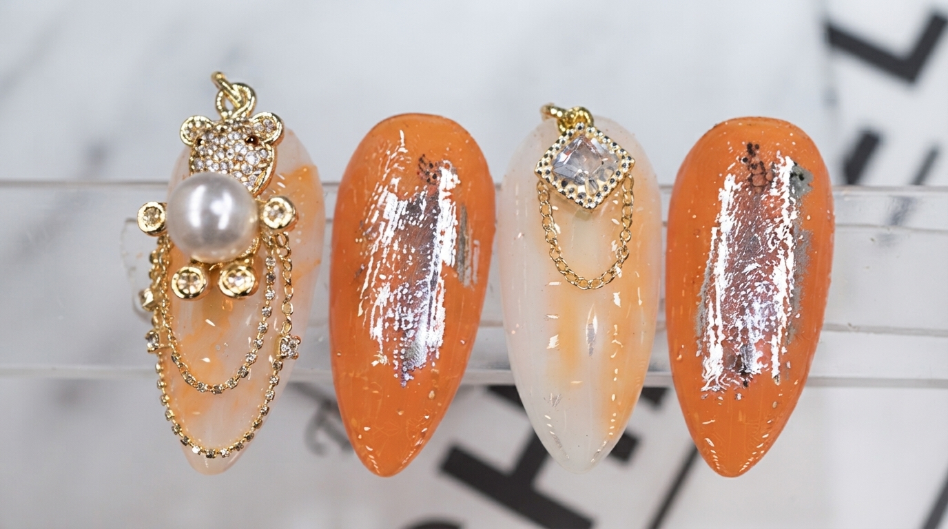 Niedliche Bärchen und Ketten Nagelkunst im japanischen Stil — Schritt-für-Schritt-Anleitung