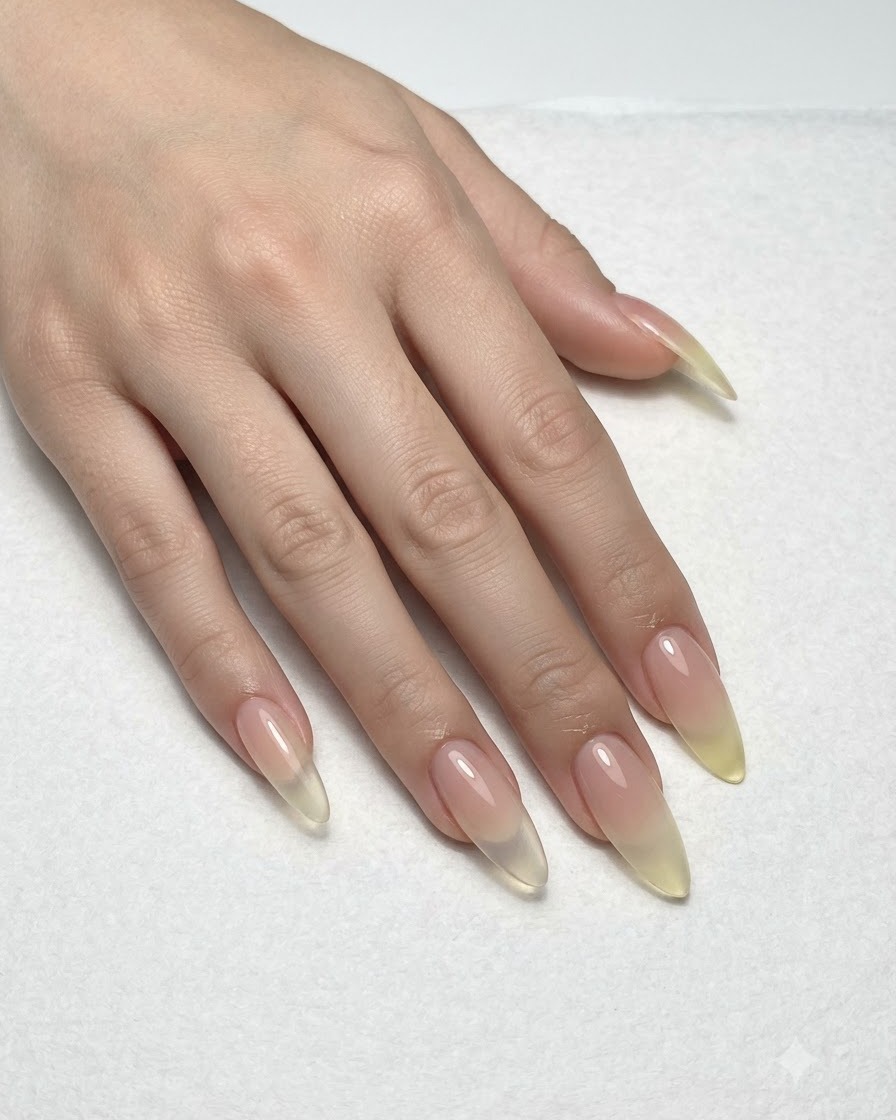 Eine Nahaufnahme von Händen, die die fertige Gradienten-Basis bereit für die nächste Phase des Nailarts zeigen.