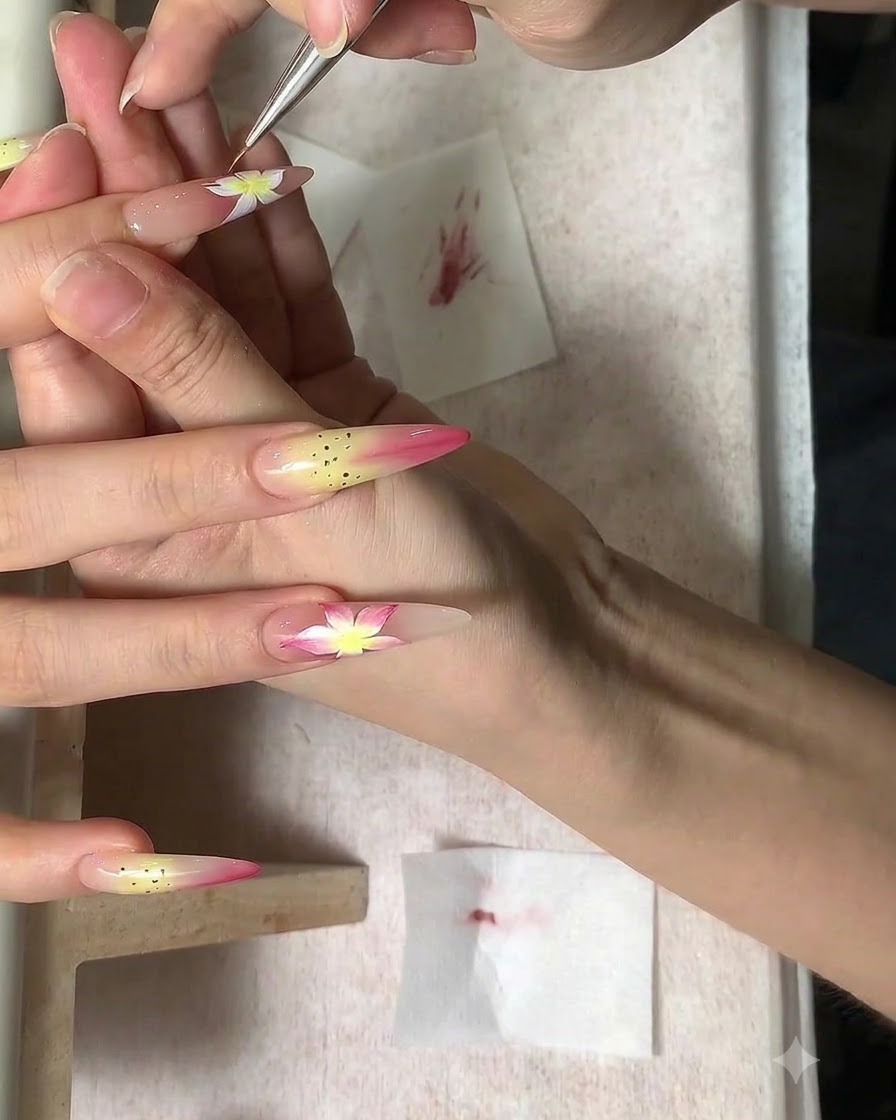 Ein feiner Pinsel zieht Magenta-Linien über die Mitte der Blütenblätter auf einem Nagel.