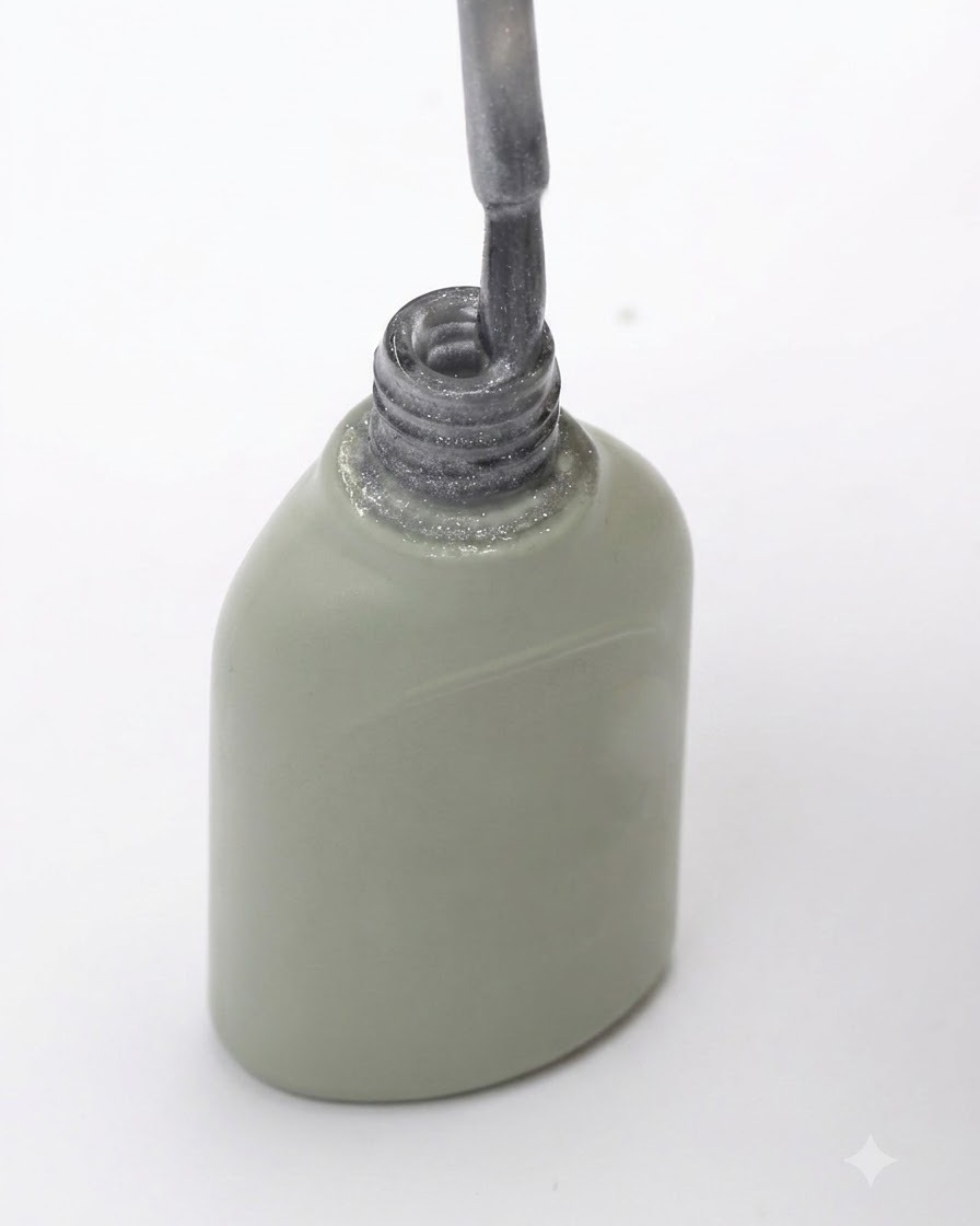 Ein Pinsel wird aus einer grauen Gel-Lack-Flasche gezogen, wobei überschüssiges Produkt am Flaschenrand abgestreift wird.