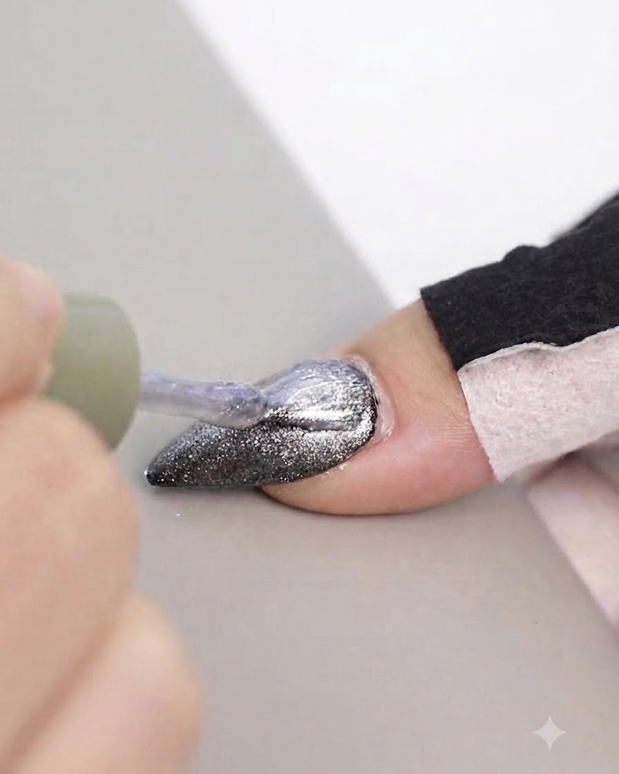 Ein Nagelpinsel trägt schimmerndes silbernes Cat-Eye-Gel auf eine schwarz lackierte Mandelnagelspitze auf.