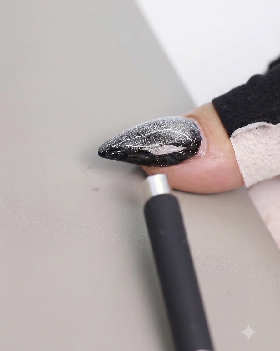 Ein Magnetwerkzeug wird in der Nähe der Seitenkante eines dekorierten Cat-Eye-Nagels positioniert, um die Reflexion zu verschieben.