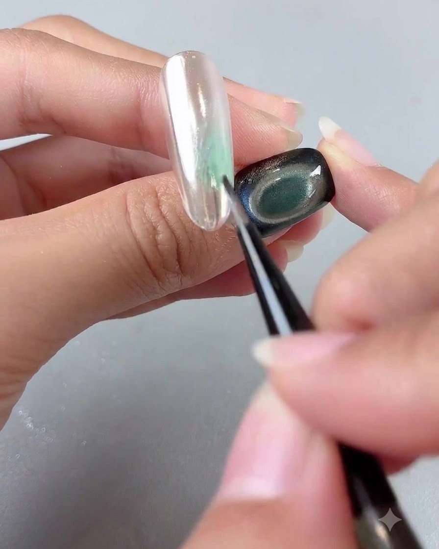 Ein feiner Nailart-Pinsel verblendet eine sanfte grüne Farbwaschung auf einem glänzenden spiegelnden Nagel.