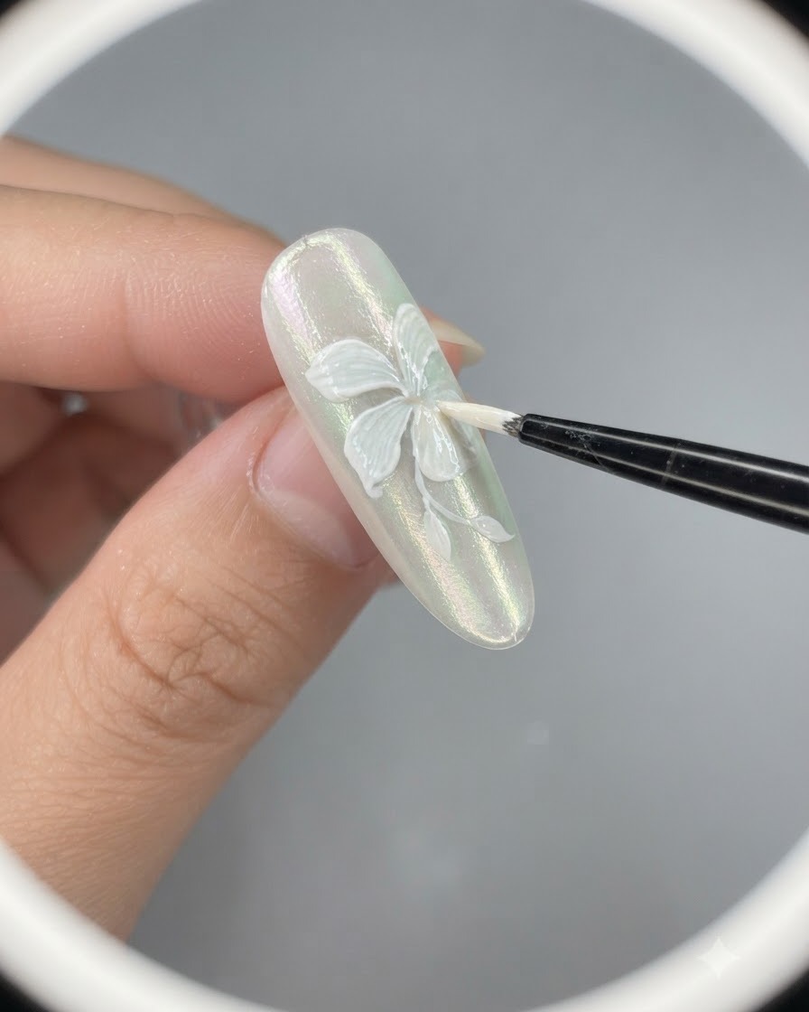 Eine Nahaufnahme eines Nagelpinsels, der dem weißen Lilien-Nageldesign ein halbes Blütenblatt und einen Stiel hinzufügt.