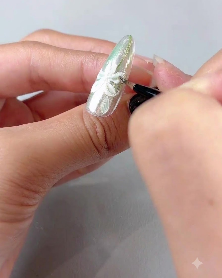 Ein feiner Pinsel malt zarte grüne Blätter um das weiße Lilien-Nageldesign.