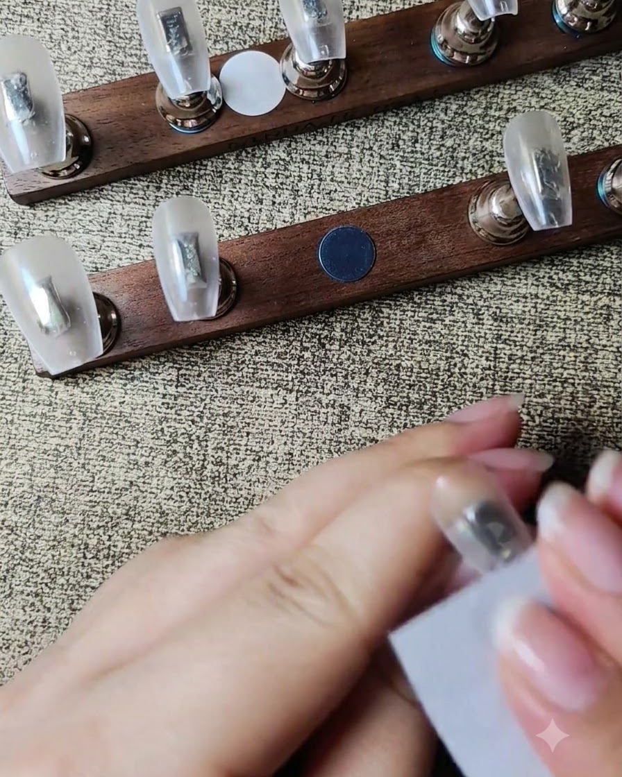 Ein Schwammwerkzeug tupft milchig-weißes Gel auf die Mitte eines klaren Nageltips.