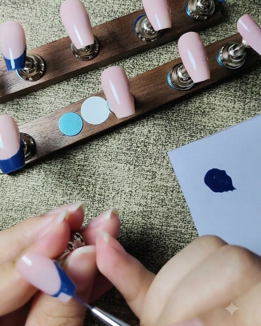 Ein Liner-Pinsel füllt die dunkelblaue Farbe eines French Tips auf einem Press-On-Nagel aus.