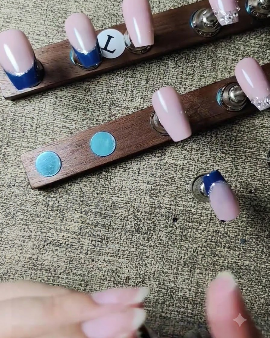 Abwechselnd blaue und weiße Strasssteine werden entlang der Hälfte einer French-Tip-Smile-Linie platziert.