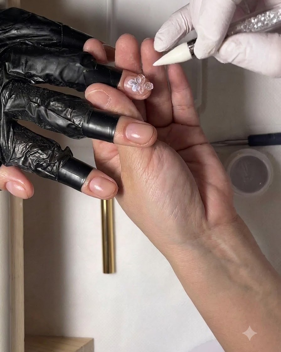 Eine behandschuhte Hand hält einen Wachsstift mit einem Strassstein an der Spitze und platziert ihn in der Mitte eines floralen Nageldesigns.