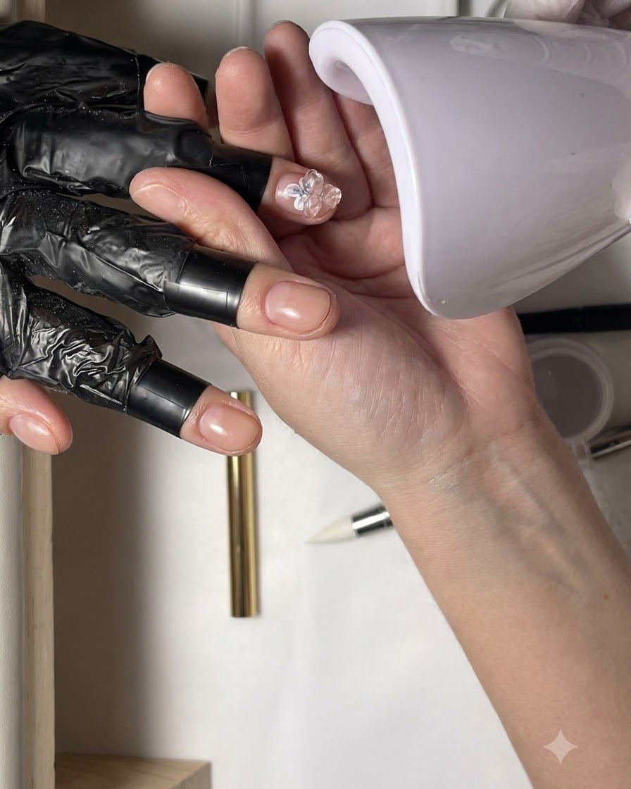 Eine handgehaltene weiße Mini-UV-Lampe wird über einen Finger gehalten, um frisch platzierte Nagelkunstelemente auszuhärten.