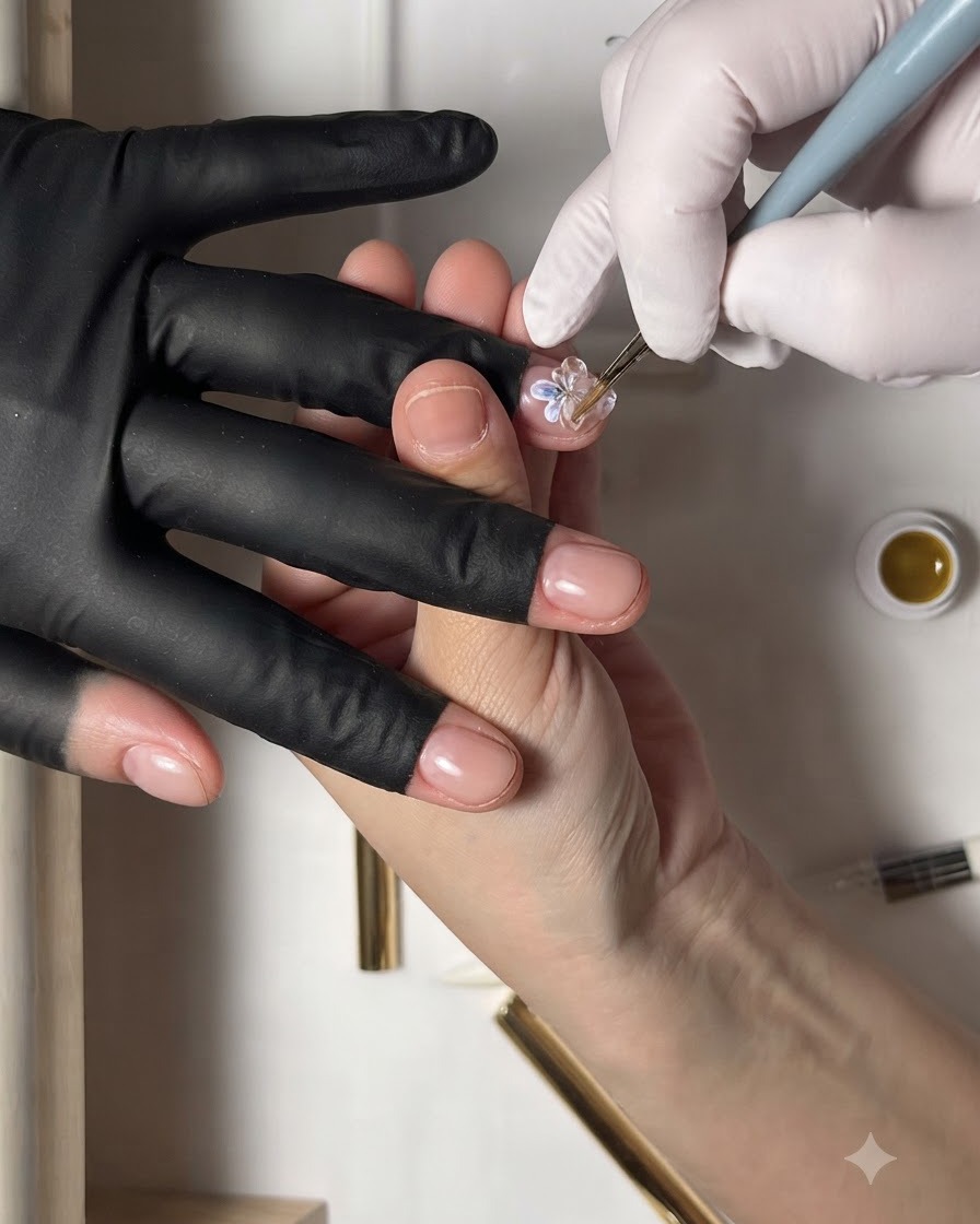 Ein feiner Pinsel formt einen dicken Klumpen klaren 3D-Gels zu einem erhabenen Blütenblatt auf einem Nagel.
