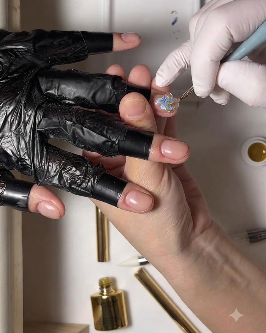 Ein feiner Pinsel formt ein zweites klares 3D-Gel-Blütenblatt neben dem ersten Blütenblatt auf einem Nagel.