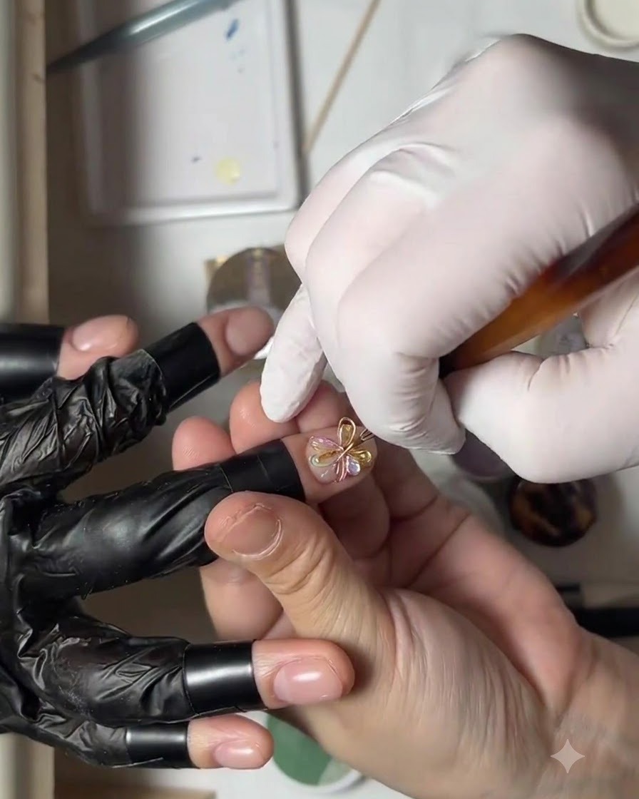 Eine behandschuhte Hand verwendet eine Pinselspitze, um einen Cluster von Mikroperlen sanft in eine kreisförmige Form auf einem Nagel anzupassen.