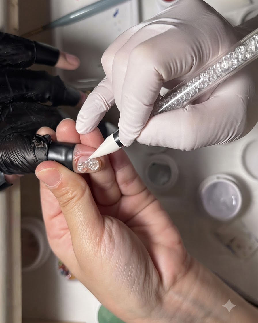 Eine behandschuhte Hand verwendet ein weißes Wachsstift-Werkzeug, um einen winzigen Strassstein in eine klare Gelschlaufe auf einem Fingernagel zu setzen.