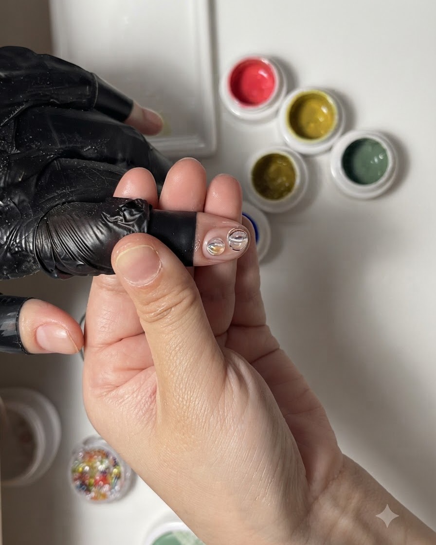 Ein feiner Detailpinsel trägt blau getöntes Gel in die obere klare Schlaufe eines Nageldesigns auf.