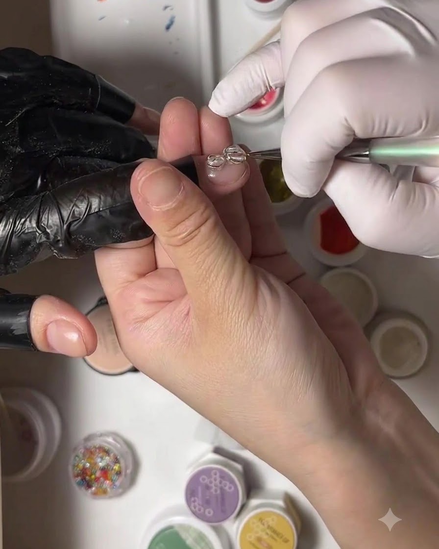Ein feiner Detailpinsel trägt rosa getöntes Gel in die untere klare Schlaufe eines Nagelkunstdesigns auf.