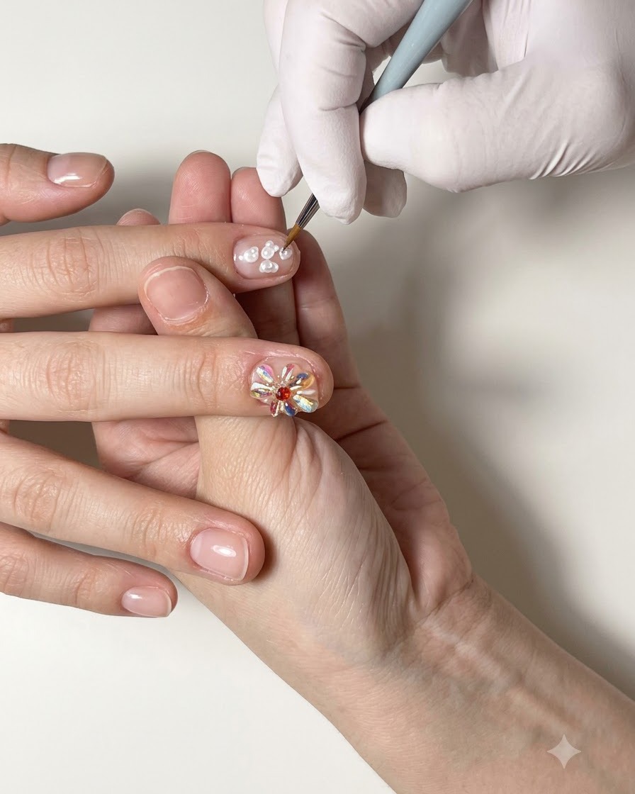Ein feiner Detailpinsel malt eine zarte, mehrblättrige weiße Gelblume auf einen Fingernagel.