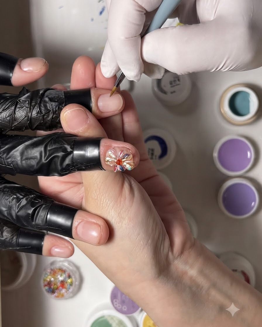 Ein feiner Detailpinsel fügt finale kleine weiße Blütenblätter hinzu, um ein florales Nagelkunstdesign zu vervollständigen.