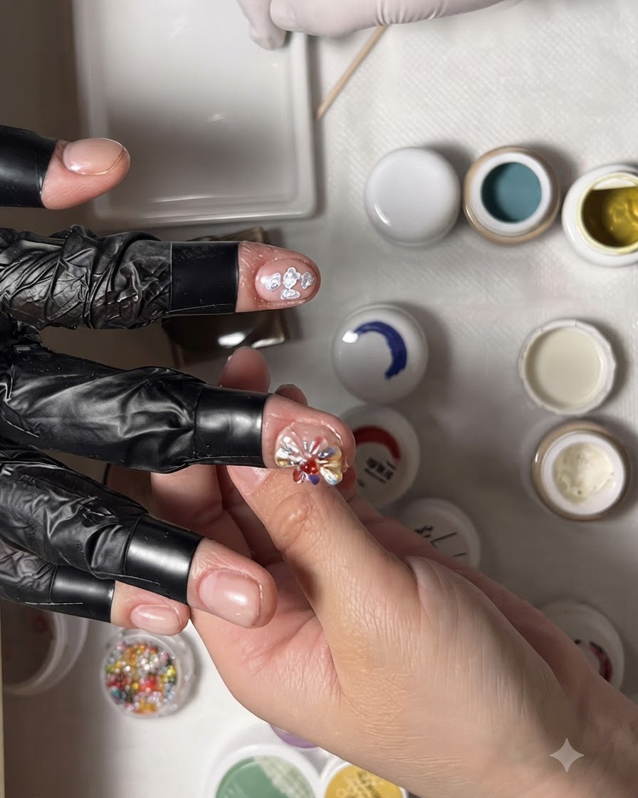 Eine Nahaufnahme einer Hand, die einen Tropfen rotes Gel in die Mitte der Kunst mit weißen Blütenblättern gibt.