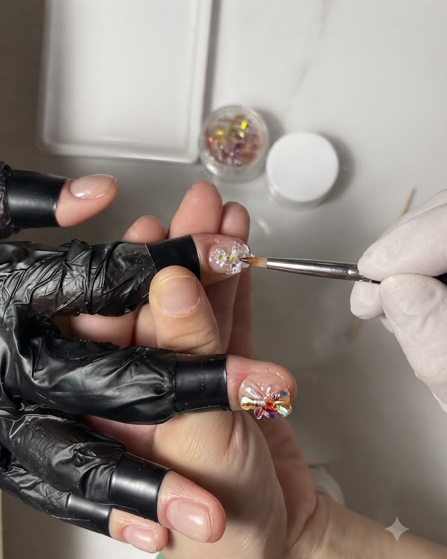 Eine handgehaltene Mini-UV-Lampe härtet ein detailliertes Nageldesign auf einem Finger aus.